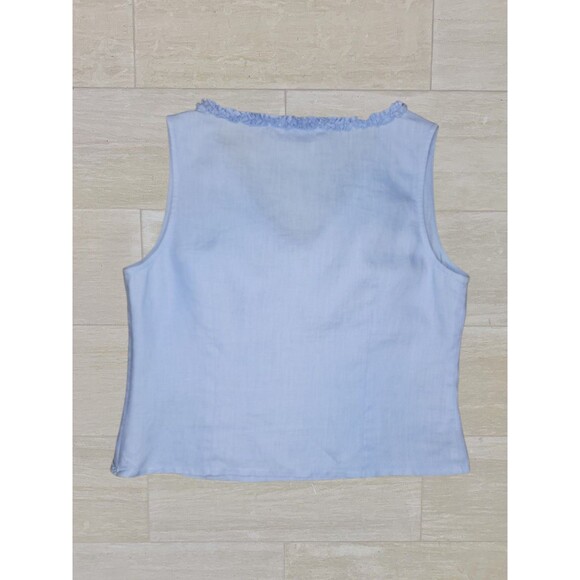 Promod Linen Ruffle V Neck Shell Top Sleeveless Size MED Blue Career Layering - Picture 6 of 10